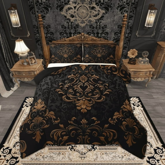 Manfei Bohemian Damask Bedding King Comforter Set, Black Brown Down Comforter, Victorian Flower Bedding Sets King with Comforter, Breathable Bedroom Decoration, 3 Pieces Reversible