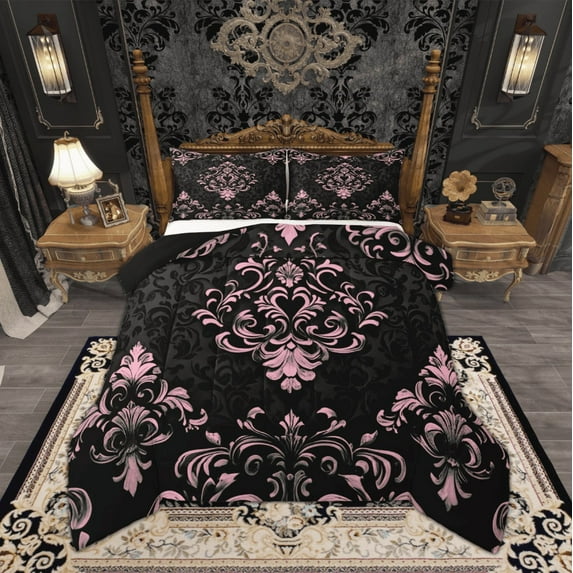 Manfei Bohemian Damask Bedding Toddler Comforter Set, Black Pink Down Comforter, Victorian Flower Bedding Sets Toddler with Comforter, Breathable Bedroom Decoration, 2 Pieces Reversible