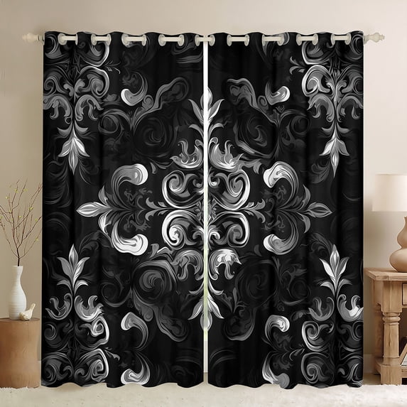 Manfei Bohemian Damask Blackout Curtains Set of 2 (52x84 Each), Black Gray Floral Window Curtains, Hippie Victorian Flower Curtains and Drapes, Luxurious Home Decor