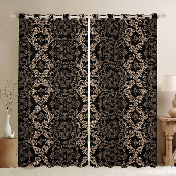 Manfei Bohemian Damask Blackout Curtains Set of 2 (52x84 Each),Black Golden Window Curtains,Boho Flower Curtains and Drapes,Exotic Room Decor