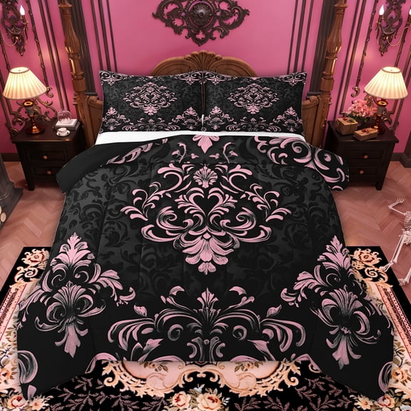 Manfei Bohemian Damask Comforter Sets Queen Size, Black Pink Comforters & Duvets, Victorian Flower Bedding Queen Comforter Set, Breathable Bedroom Decoration, 3-Piece Reversible