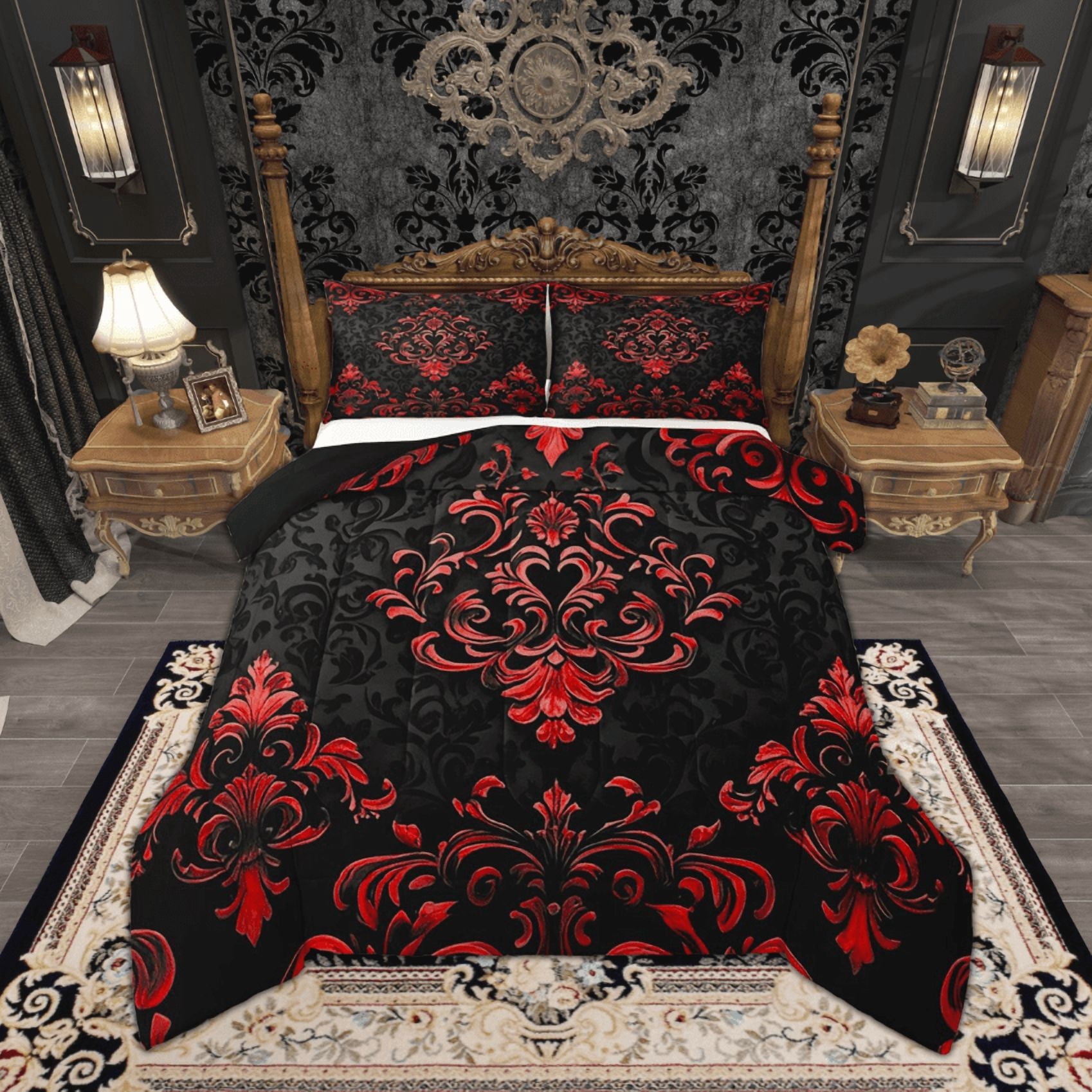 Manfei Bohemian Damask Comforter Sets Queen Size, Black Red Comforters ...