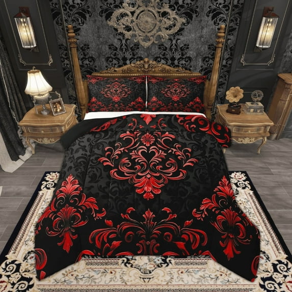 Manfei Bohemian Damask Comforter Sets Queen Size, Black Red Comforters & Duvets, Victorian Flower Bedding Queen Comforter Set, Breathable Bedroom Decoration, 3-Piece Reversible