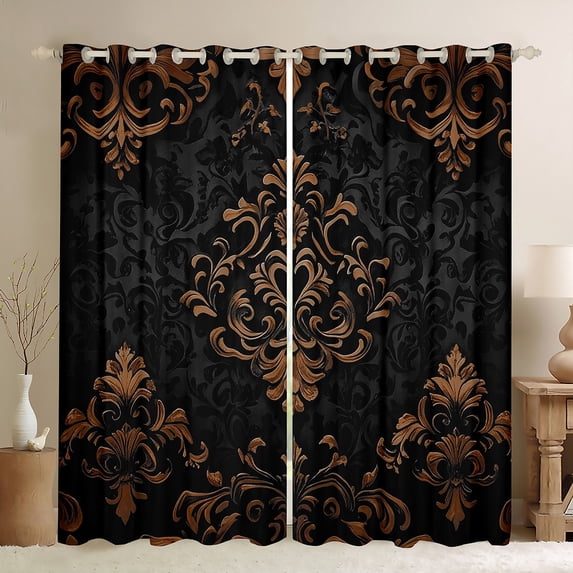 Manfei Bohemian Damask Curtains for Living Room, Black Brown Blackout Curtains Set of 2 (42x63), Victorian Flower Window Treatments, Stylish Bedroom Decoration