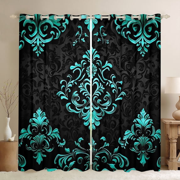 Manfei Bohemian Damask Curtains Pack of 2 (52x63), Black Cyan Black Out Curtains, Victorian Flower Window Curtains, Stylish Bedroom Decoration