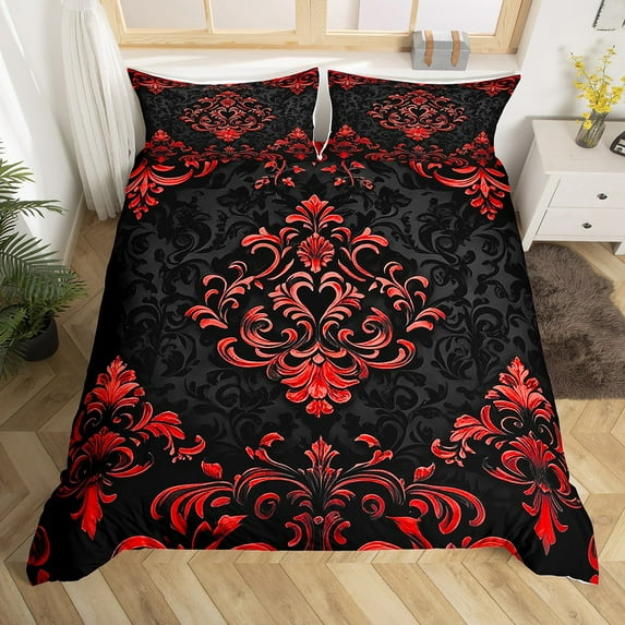 Manfei Bohemian Damask Duvet Cover King, Black Red Comforter Cover King, Victorian Flower Bed Cover, Breathable Bedroom Decoration, Zipper Closure and Reversible 3pcs