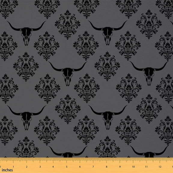 Manfei Bohemian Damask Fabric by the Yard (3 Yards), Hippie Cow Skull Decorative Fabric by the Yard, Black Gray