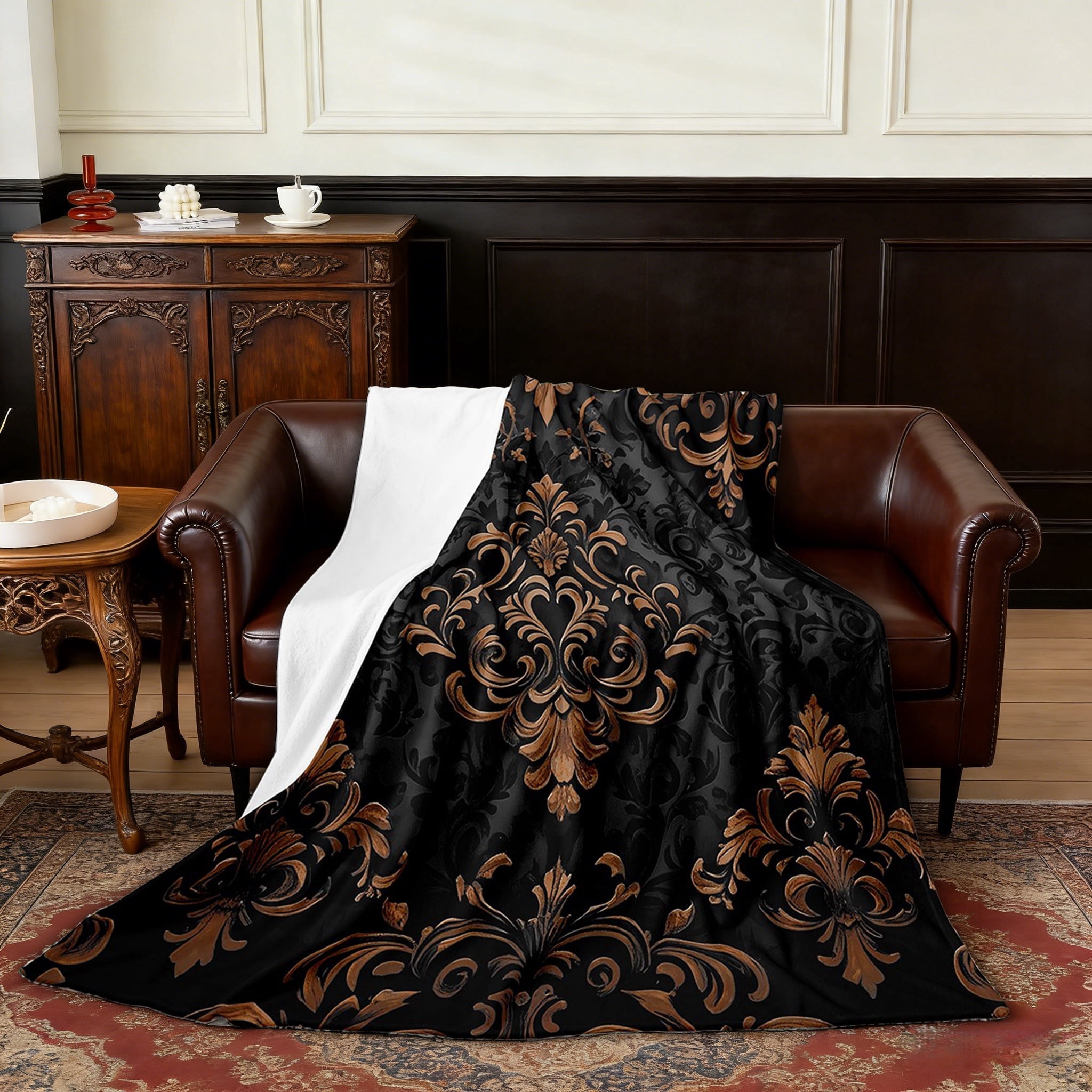 Manfei Bohemian Damask Flannel Blanket 30x40, Black Brown Sherpa Throw, Victorian Flower Plush Throw Blanket, Breathable Bedroom Decoration