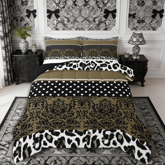 Manfei Bohemian Damask Full Size Comforter Sets 3-Piece,Vintage Leopard Print Bedding Comforter Set,1 Comforter and 2 Pillowcases,Reversible