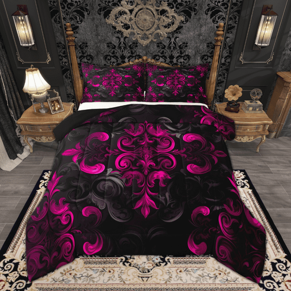Manfei Bohemian Damask Full Size Comforter Sets, Black Pink Floral Bedding Comforter Set, Hippie Victorian Flower Bedding Sets, Lightweight Room Decor Reversible 3 Pieces