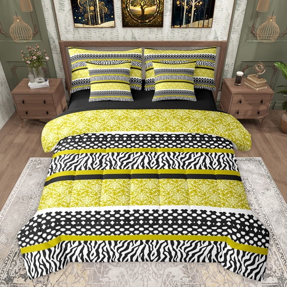 Manfei Bohemian Damask Khaki Bedding Comforter Set 7 Pieces, Fashion Zebra Print Full Bedding Set, Modern Stripes Abstract Reversible Fitted Sheet Flat Sheet, Breathable Home Decor