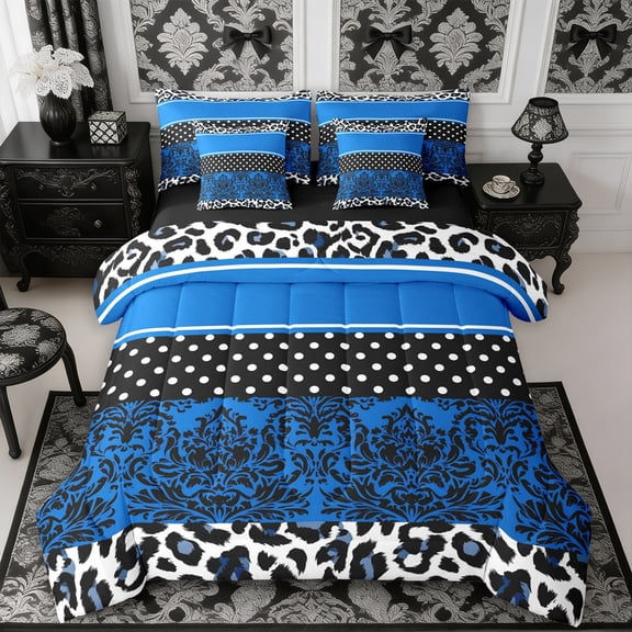 Manfei Bohemian Damask King Bedding 7pcs,Vintage Leopard Print King Bed in a Bag,Reversible