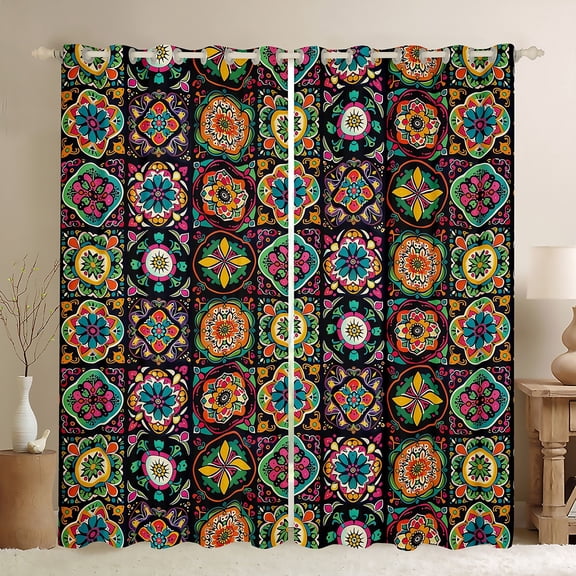 Manfei Bohemian Damask Mandala Black Out Curtains for Female Men,Geometric Plaid Curtains Pack of 2 (42x63 Each),Exotic Style Bedroom Curtains,Ultra Soft Home Decor