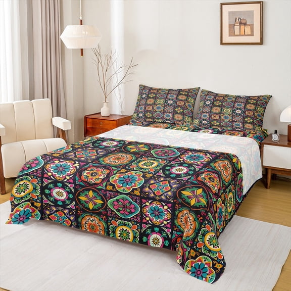 Manfei Bohemian Damask Mandala Full Size Sheets 4-Piece for Female Men,Geometric Plaid Breathable Bed Sheets,Exotic Style Lightweight Sheet Sets,Ultra Soft Home Decor