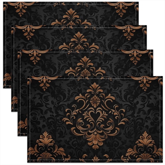 Manfei Bohemian Damask Place Mats Set of 4 for in Door Dinning, Black Brown Table Place Mats for in Door Dining, Victorian Flower Table Mats for Dining Table, Stylish Kitchen Decoration