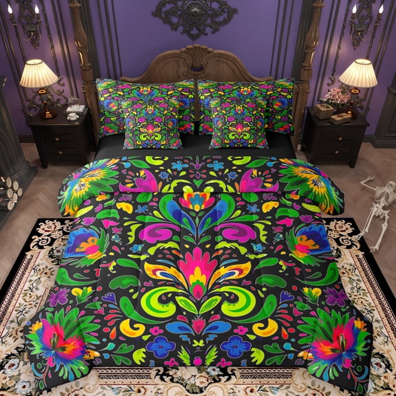 Manfei Bohemian Damask Print 7-Piece Bedding Comforter Set, Vintage Mandala King Bedding Sets, Southwestern Style Reversible Bed Sheets, Luxury Bedroom Decor
