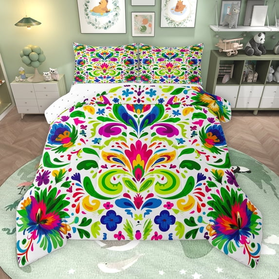 Manfei Bohemian Damask Print Queen Comforter Set, Vintage Mandala Floral Bedding Sets, Southwestern Style Reversible Bedding Comforter Set, Lightweight Room Decor, 3 Pieces