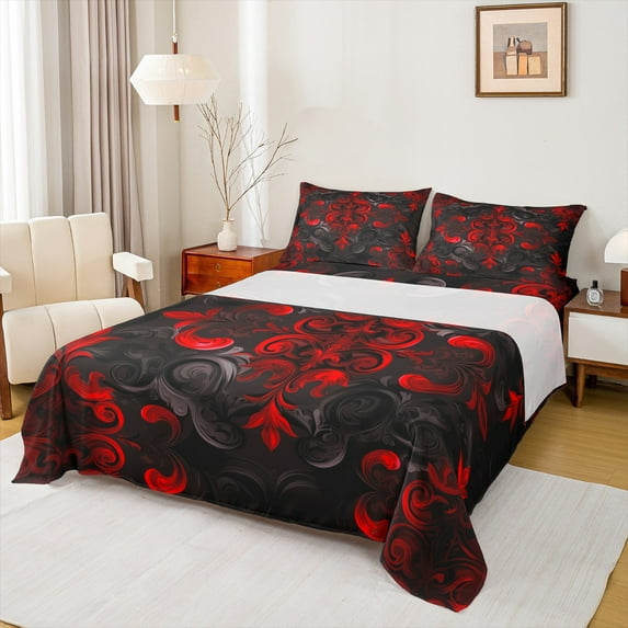 Manfei Bohemian Damask Queen Sheet Sets, Black Red Floral Flat Sheet, Hippie Victorian Flower Queen Fitted Sheet, Breathable Home Decor 4pcs