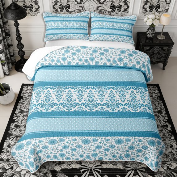 Manfei Bohemian Damask Quilt Full 3-Piece,Rustic Flowers Full Bedspread Sets,1 Coverlet and 2 Pillowcases