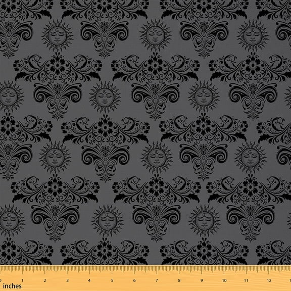 Manfei Bohemian Damask Sewing & Crafting Fabric (3 Yards), Hippie Sun Print Home Decor Fabric by the Yard, Black Gray