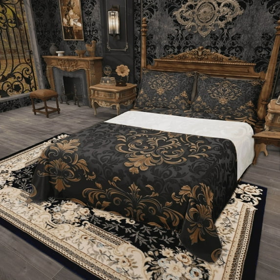Manfei Bohemian Damask Sheet Set Full, Black Brown Bedding Sets Full Size, Victorian Flower Flat Sheet, Breathable Bedroom Decoration, 4pcs
