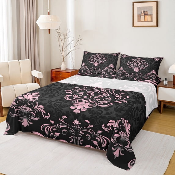 Manfei Bohemian Damask Sheet Set King, Black Pink Bedding Sets King Size, Victorian Flower Flat Sheet, Breathable Bedroom Decoration, 4pcs