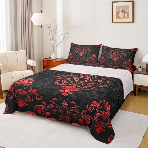 Manfei Bohemian Damask Sheet Set Twin, Black Red Bedding Sets Twin Size, Victorian Flower Flat Sheet, Breathable Bedroom Decoration, 3pcs