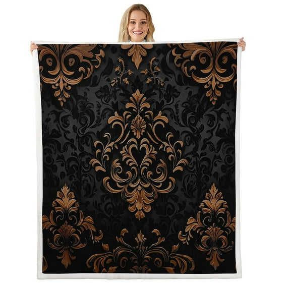 Manfei Bohemian Damask Sherpa Blanket 40x50, Black Brown Fuzzy Blanket Throw, Victorian Flower Flannel Blanket, Breathable Bedroom Decoration