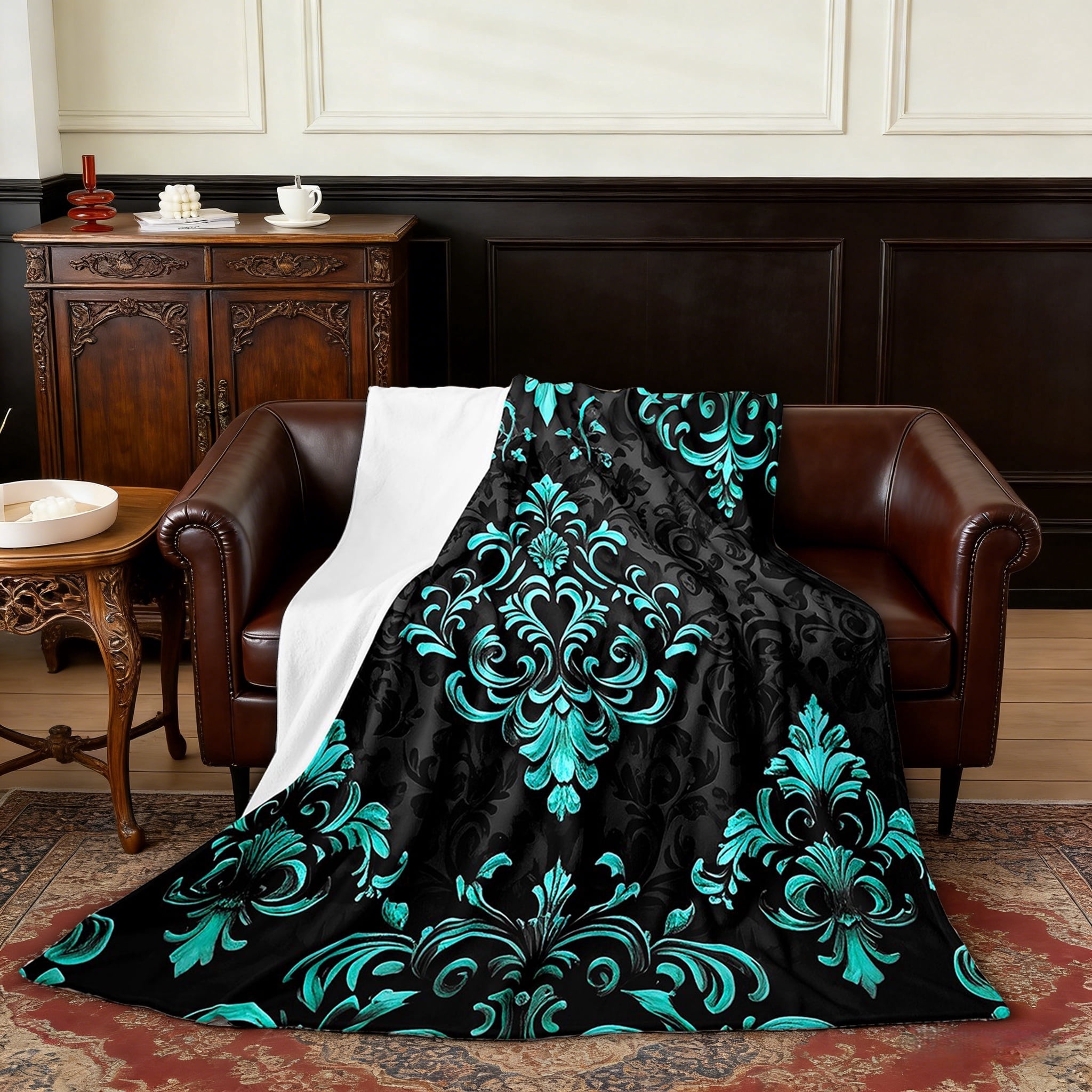 Manfei Bohemian Damask Throw Blanket for Couch 50x60, Black Cyan Plush Blanket, Victorian Flower Flannel Throw, Breathable Bedroom Decoration