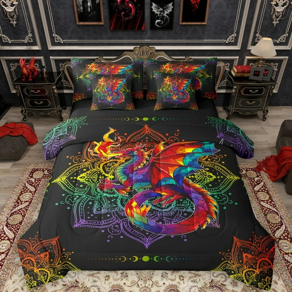 Manfei Bohemian Dragon Boys 7pcs Bedding Comforter Set, Tribal Damask Flower Print Queen Bedding Sets, Western Animal Reversible Queen Sheet Sets, Luxury Bedroom Decor