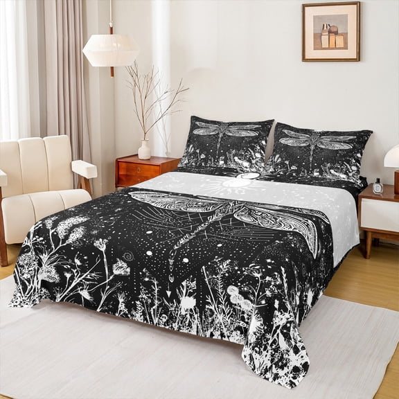 Manfei Bohemian Dragonfly Animal Bed Sheets, Mystic Galaxy Sun King Sheets, Hippie Rustic Plant Sheet Set, Microfiber Bedroom Decor, 4 Pieces