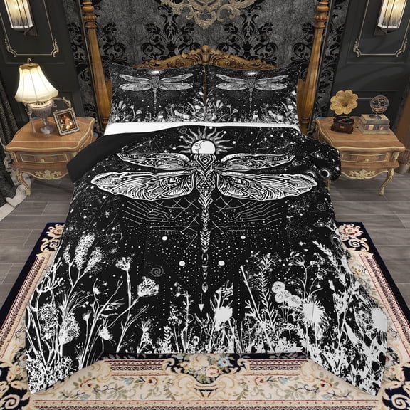 Manfei Bohemian Dragonfly Animal Queen Comforter Set, Mystic Galaxy Sun Bedding Sets, Hippie Rustic Plant Reversible Bedding Comforter Set, Microfiber Bedroom Decor, 3 Pieces