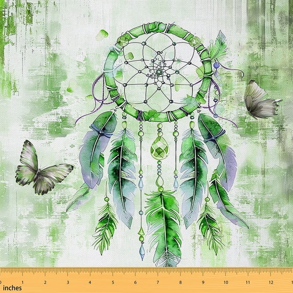 Manfei Bohemian Dream Catcher Sewing & Crafting Fabric (1 Yard), Chic Butterfly Home Decor Fabric by the Yard for Girls, Green Gradient Fabric by the Yard