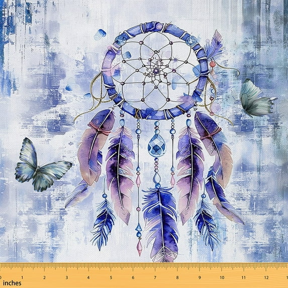Manfei Bohemian Dreamcatcher Fabric by the Yard (1 Yard), Chic Butterfly Decorative Fabric by the Yard for Girls, Navy Blue Ombre Sewing & Crafting Fabric