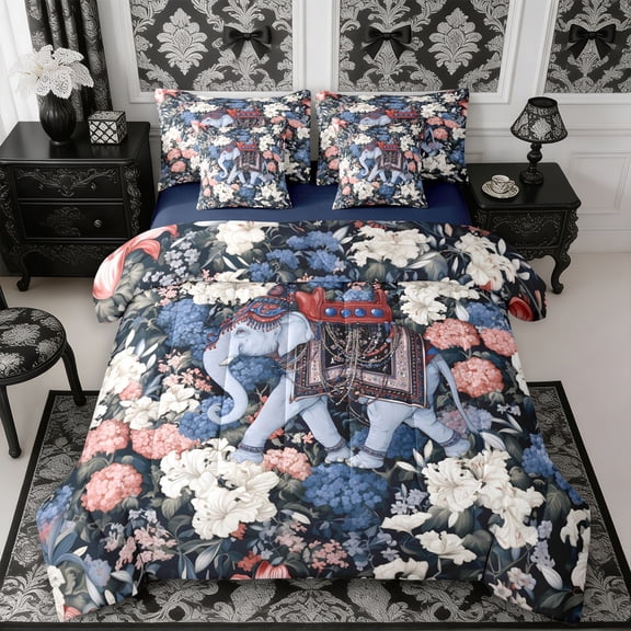 Manfei Bohemian Elephant Full Size Bedding Sets 7 Pieces,Spring Garden Full Size Bed in a Bag,Reversible