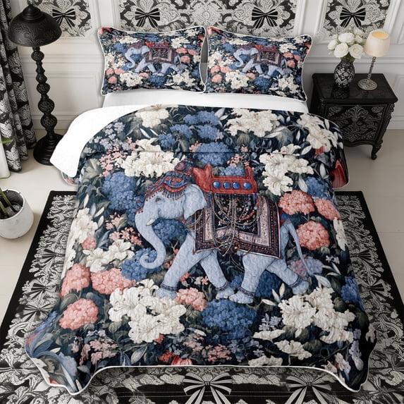 Manfei Bohemian Elephant Quilt Full 3-Piece,Spring Garden Full Bedspread Sets,1 Coverlet and 2 Pillowcases