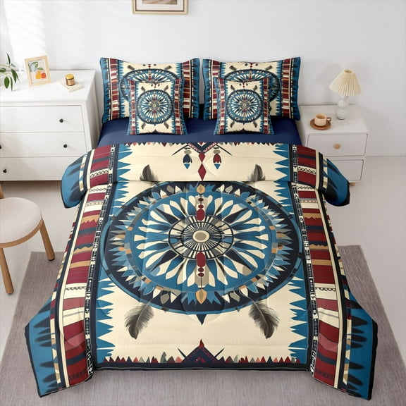 Manfei Bohemian Feather Aztec 7-Piece Bedding Comforter Set for Teens Female Men,Exotic Style King Bedding Sets,Tribal Theme Ultra Soft Bed Sheets,Lightweight Room Decor,Reversible