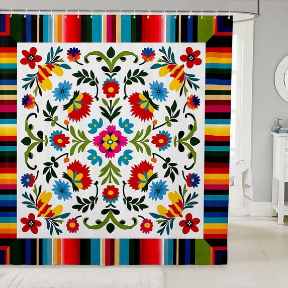 Manfei Bohemian Floral Shower Curtain 72Wx72L, Folk Serape Flower Bathroom Curtain, Cream Blue