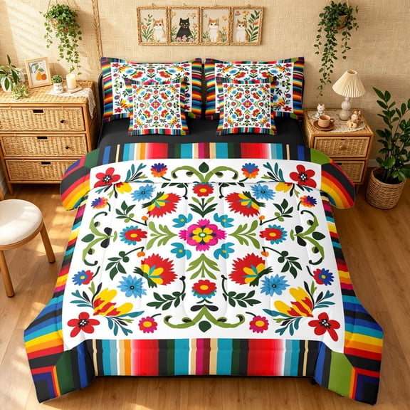 Manfei Bohemian Floral Twin Bedding, Folk Serape Flower Bedding Comforter Set, Cream Blue, Black Reversible, 7 Pieces
