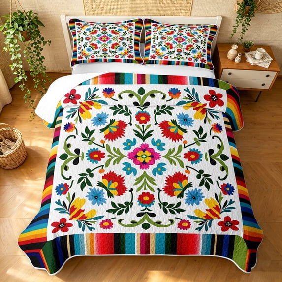 Manfei Bohemian Floral Twin Quilt Set, Folk Serape Flower Twin Coverlet Set, Cream Blue, 2 Pieces, 1 Bedspread and 1 Pillowcase