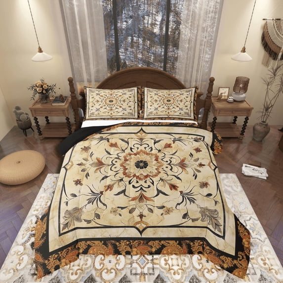 Manfei Bohemian Flower 3 Pieces Queen Comforter Set,Exotic Style Ultra Soft Bedding Sets,Boho Mandala Bedding Comforter Set,Lightweight Vintage Bedroom Decoration,Reversible