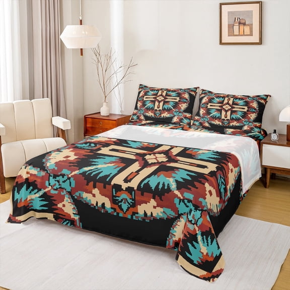 Manfei Bohemian Flower 4 Pieces Queen Sheet Sets for Teens Boys Girls,Tribal Aztec Ultra Soft Flat Sheet,Exotic Style Queen Fitted Sheet,Luxury Bedroom Decor