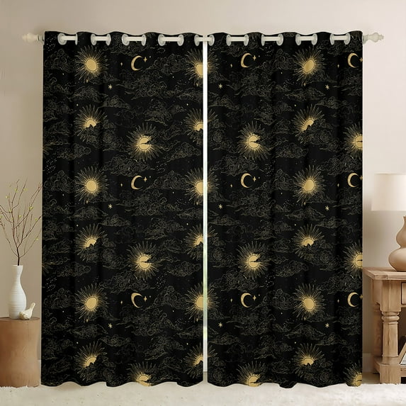 Manfei Bohemian Galaxy Sun Black Out Curtains for Teen, Hippie Tribal Moon Curtains Pack of 2 (42x63 Each), Black Gold Bedroom Curtains, Window Curtains Bedroom Decor