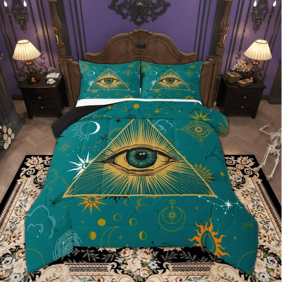 Manfei Bohemian Hamsa Eye Bedding Comforter Set, Boho Sun and Moon Twin Comforter Sets, Cosmos Astrology Celestial Bedding Set, Green Super Cozy Room Decor, 2pcs Reversible