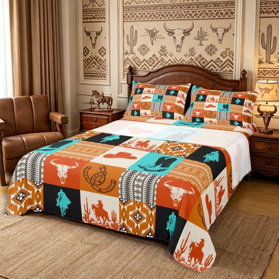 Manfei Bohemian Hippie Aztec Bed Sheets 4-Piece,Western Cowboy Full Size Sheets,Orange Turquoise,1 Flat Sheet,1 Fitted Sheet and 2 Pillowcases