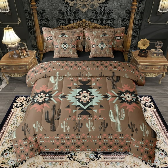 Homewish Bohemian Hippie Aztec Bedding Comforter Set 7pcs for Adult, Rustic Farmhouse Cactus Queen Bedding Sets, Brown Southwestern Style Reversible Queen Sheet Sets, Breathable Home Decor