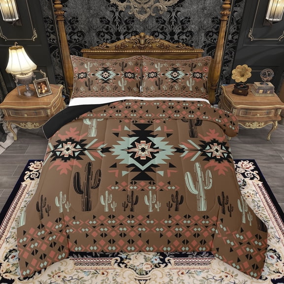 Homewish Bohemian Hippie Aztec Bedding Comforter Set for Adult, Rustic Farmhouse Cactus Twin Comforter Sets, Brown Southwestern Style Reversible Bedding Set, Breathable Home Decor, 2pcs