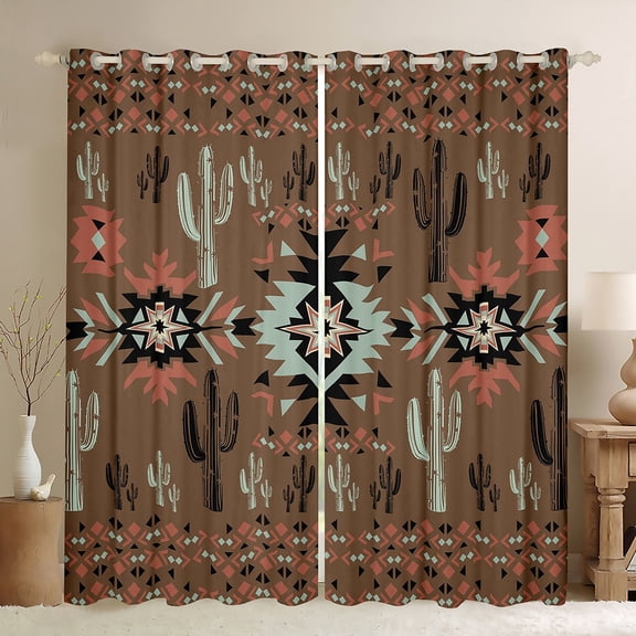 Homewish Bohemian Hippie Aztec Black Out Curtains for Adult, Rustic Farmhouse Cactus Curtains Pack of 2 (42x63 Each), Brown Southwestern Style Bedroom Curtains, Black Out Curtains Decor