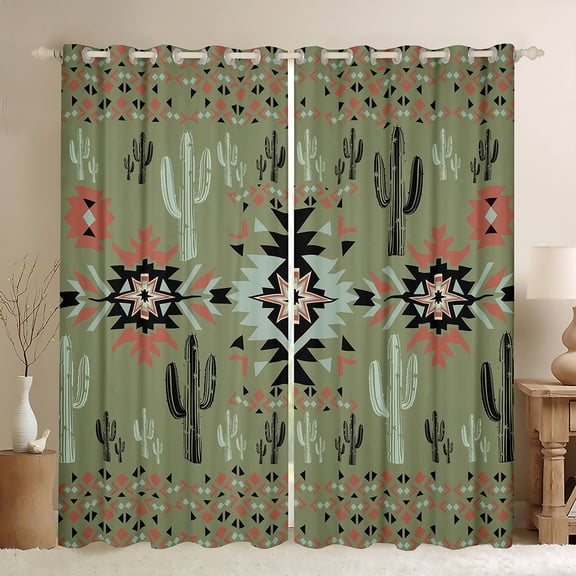 Manfei Bohemian Hippie Aztec Black Out Curtains for Adult, Rustic Farmhouse Cactus Curtains Pack of 2 (42x63 Each), Green Southwestern Style Bedroom Curtains, Window Curtains Room Decor