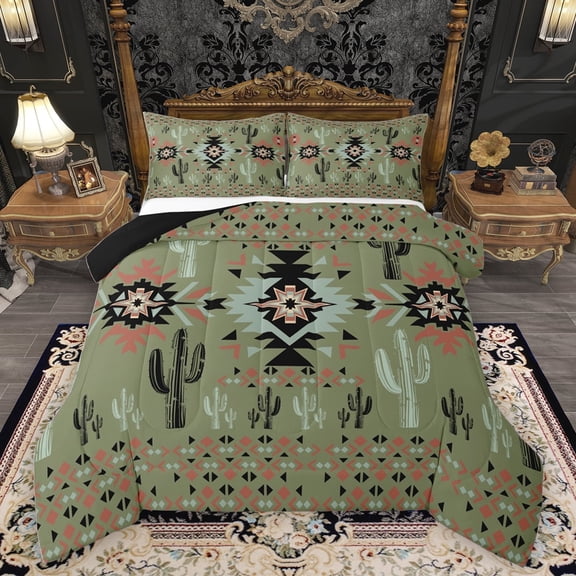 Homewish Bohemian Hippie Aztec Full Size Comforter Sets for Adult, Rustic Farmhouse Cactus Bedding Comforter Set, Green Southwestern Style Reversible Bedding Sets, Lightweight Room Decor, 3pcs